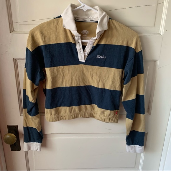 Dickies Cinch Collared Polo Tee Crop Top Yellow Blue Elastic Bottom 100% Cotton - Picture 5 of 12